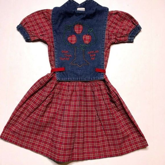 Vtg OshKosh Collection Girls Red Plaid Dress Apple - Picture 1 of 7